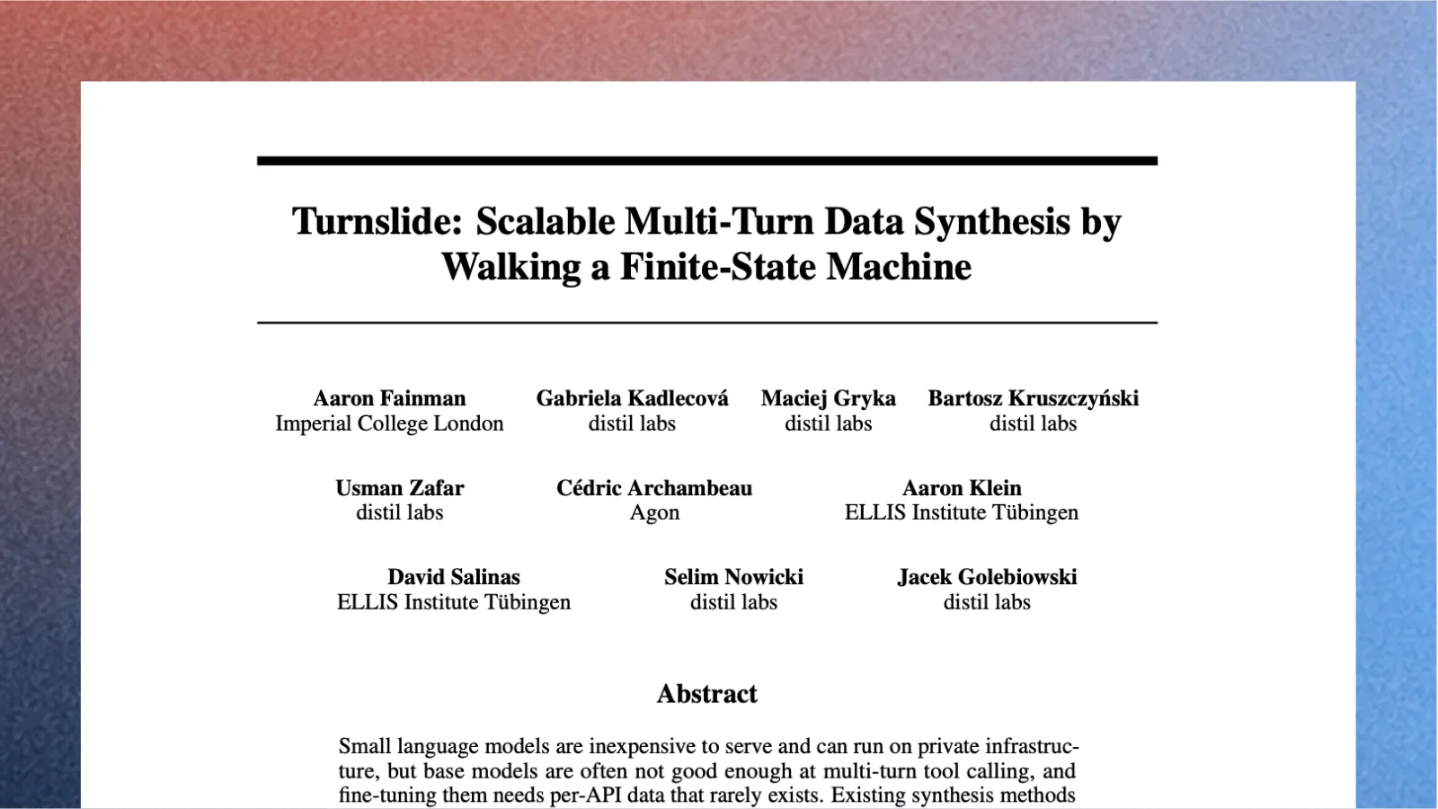 Our research paper was accepted to the SLM-Agents workshop at NeurIPS 2026